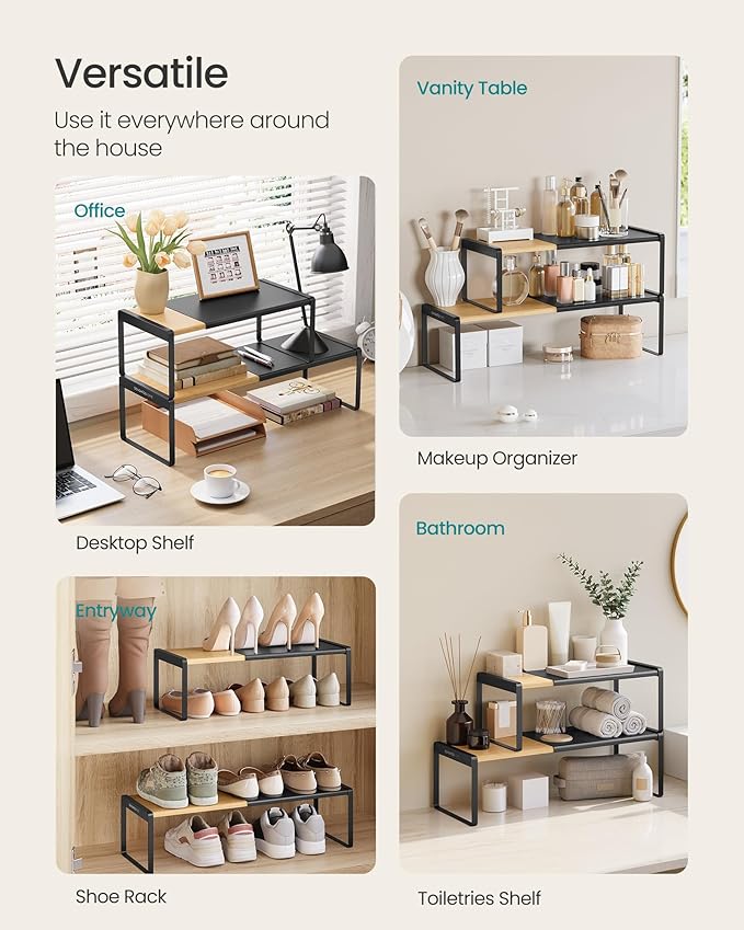 SONGMICS HOME Spice Racks, Expandable Cupboard Shelf Orgnizers, Kitchen Counter Shelves, Bamboo and Metal, Space-Saving Shelving, Stackable, Light Bamboo and Ink Black UKCS051B01 - Image 6