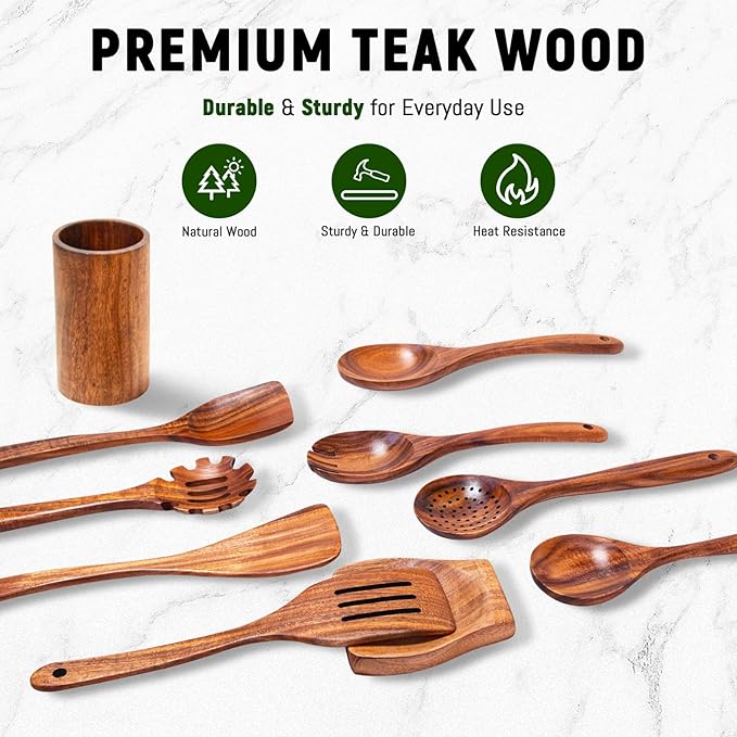 Wooden Spoons for Cooking, Natural Teak Wooden Utensils Set, 10 Piece Handmade Wood Kitchen Utensil Set with Holder and Spoon, Durable Nonstick Kitchen Cookware Tool - Image 5