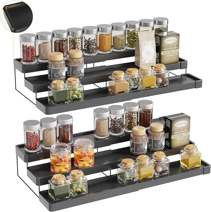 2 Pack Expandable Spice Rack Organizer for Cabinet - 3 Tier Adjustable Cabinet Spice Organizer Easy Visibility - Spice Organizer for Cabinet Countertop Cupboard Pantry Organization (Black) by invocoo