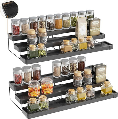 2 Pack Expandable Spice Rack Organizer for Cabinet - 3 Tier Adjustable Cabinet Spice Organizer Easy Visibility - Spice Organizer for Cabinet Countertop Cupboard Pantry Organization (Black) by invocoo