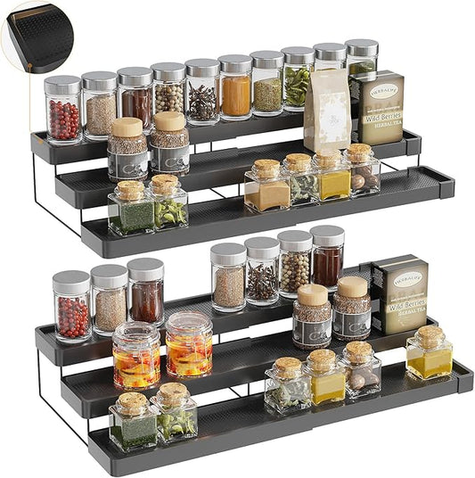 2 Pack Expandable Spice Rack Organizer for Cabinet - 3 Tier Adjustable Cabinet Spice Organizer Easy Visibility - Spice Organizer for Cabinet Countertop Cupboard Pantry Organization (Black) by invocoo