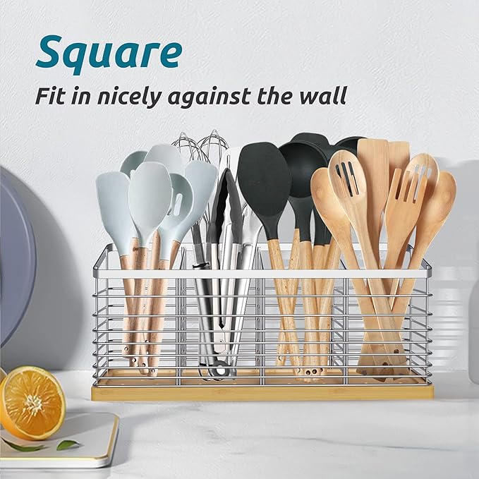 Suli Extra Large Kitchen Utensil Holder with 4 Compartments，Metal holder with Wooden Base for Kitchen Countertop，Farmhouse Cooking Utensil Storage, Rustic Cooking Utensil,Silvery - Image 5