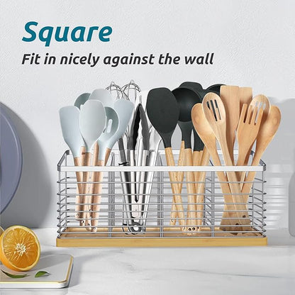 Suli Extra Large Kitchen Utensil Holder with 4 Compartments，Metal holder with Wooden Base for Kitchen Countertop，Farmhouse Cooking Utensil Storage, Rustic Cooking Utensil,Silvery - Image 5