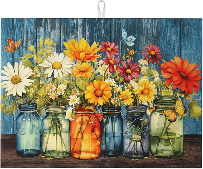 Daisy Dish Drying Mat for Kitchen Counter, Microfiber Floral Dish Mats for Drying Dishes, Absorbent Large Dish Drying Pad Kitchen Decor Mat 18 x 24 Inch