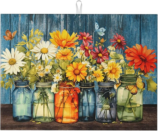 Daisy Dish Drying Mat for Kitchen Counter, Microfiber Floral Dish Mats for Drying Dishes, Absorbent Large Dish Drying Pad Kitchen Decor Mat 18 x 24 Inch