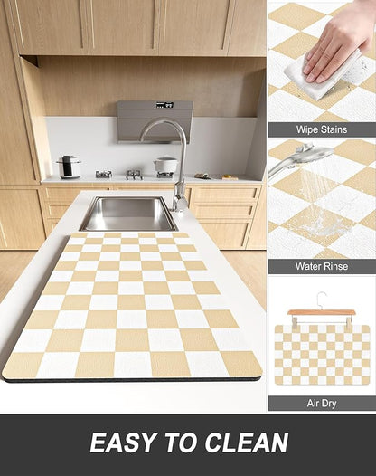 Rnivvi Dish Drying Mat for Kitchen Counter, 12 x 19" Cute Checkered Absorbent Draining Pad, Non-Slip Heat Resistant Coffee Bar Mats for Coffee Machine Station Accessories, Beige White Dish Rack Pad - Image 6