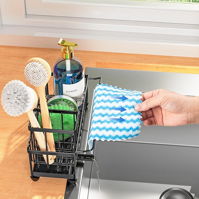 Cisily Sponge Holder for Kitchen Sink, Sink Caddy Organizer with High Brush Holder, Kitchen Countertop Organizers and Storage Essentials, Rustproof 304 Stainless Steel (Black with Towel Rack, 9.25″) - Image 7