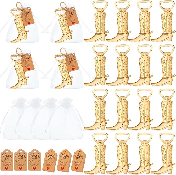 Meanplan 99 Pcs Cowboy Boot Bottle Opener Set Cowgirl Western Derby Wedding Party Favor Includes Cowboy Beer Bottle Opener Organza Bag Thank You Tag and Jute Rope for Guest Wedding Party Baby Shower by Meanplan