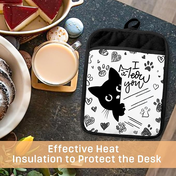 Funny Black Cat Pot Holders with Pockets, Cat Kitchen Decor, Cute Black Kitty Kitten Paw Oven Pot Holders Heat Resistant Oven Mitts Hot Pads for Kitchen Baking Cooking, Set of 2