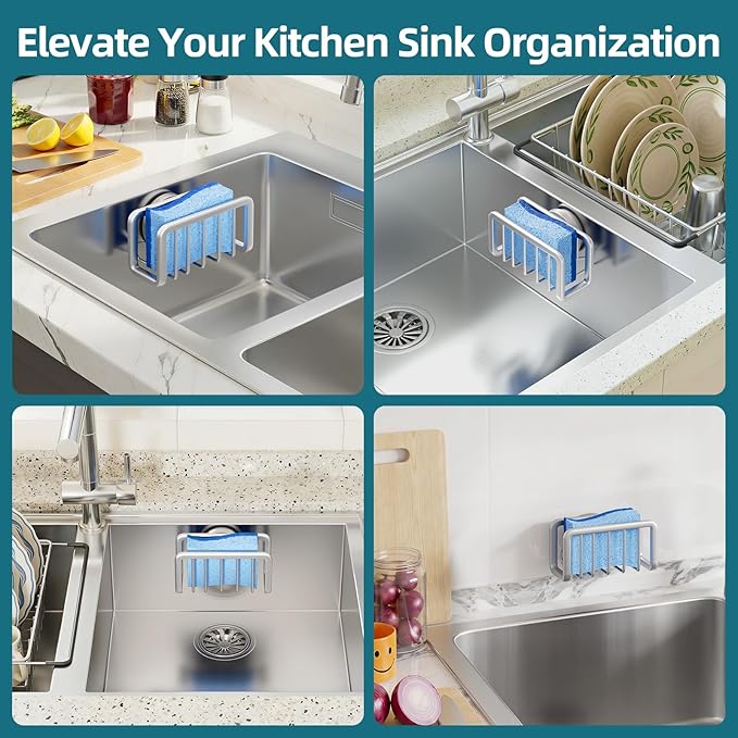 TAILI Sink Caddy with Strong Suction Cup, Sponge Holder for Kitchen Sink Oganizer, Removable Rustproof Aluminum Sponge Holder, Dish Brush for Scraper - Silver - Image 6
