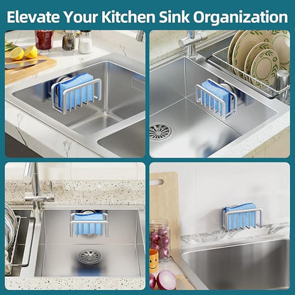 TAILI Sink Caddy with Strong Suction Cup, Sponge Holder for Kitchen Sink Oganizer, Removable Rustproof Aluminum Sponge Holder, Dish Brush for Scraper - Silver - Image 6