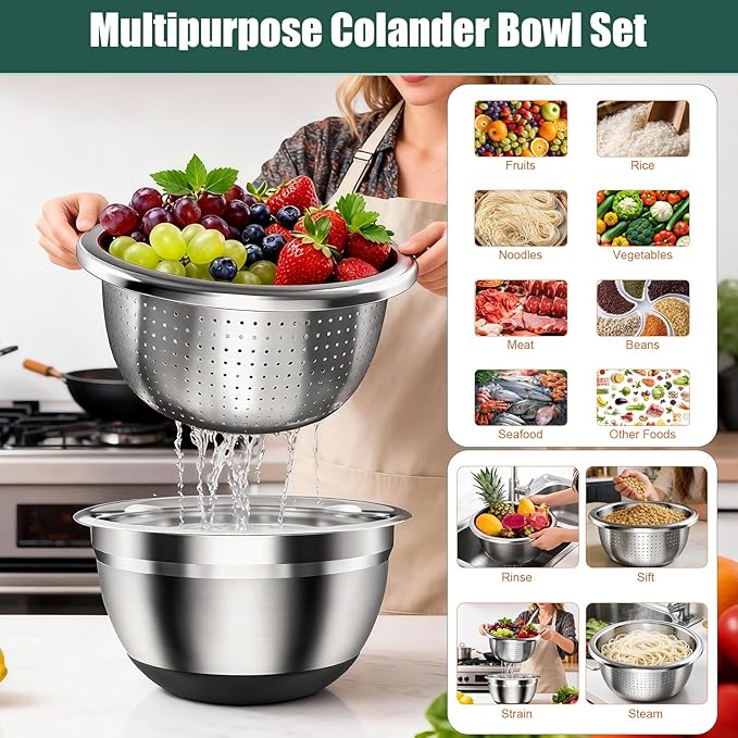 Stainless Steel Mixing Bowls Set with Lids & Silicone Base - 7-Piece Kitchen Gadgets Includes Colander, Grater, Egg Separator, Whisk - Nesting Bowls (1.5, 2, 2.5, 4.5 QT), Dishwasher Safe, Black - Image 2