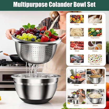 Stainless Steel Mixing Bowls Set with Lids & Silicone Base - 7-Piece Kitchen Gadgets Includes Colander, Grater, Egg Separator, Whisk - Nesting Bowls (1.5, 2, 2.5, 4.5 QT), Dishwasher Safe, Black - Image 2