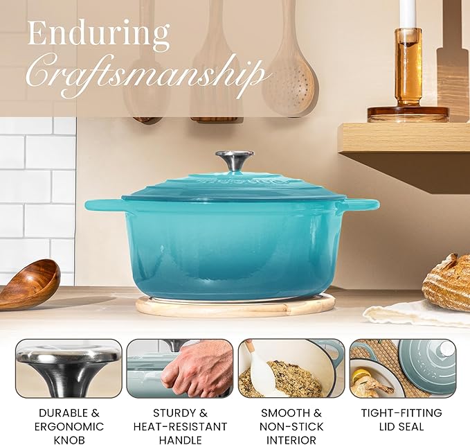 Cast Iron Dutch Oven with Lid – Non-Stick Ovenproof Enamelled Casserole Pot – Sturdy Dutch Oven Cookware – Teal, 7.3-Quart, 30cm – by Nuovva - Image 7