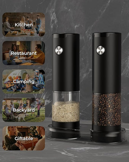 Electric Salt and Pepper Grinder Set, Automatic Battery Salt and Pepper Shakers，6 Adjustable Coarseness with LED, 100ml Upgraded Larger Capacity Pepper Mill Shakers for Kitchen, Dining and Gifts