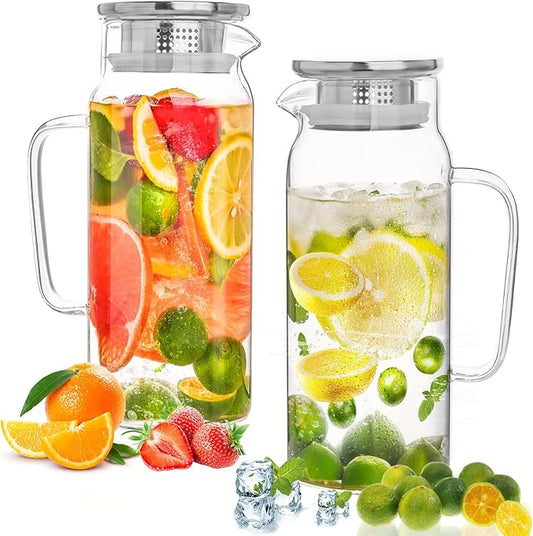 Set of 2 Glass Pitcher with Lid,2 Quart (64 oz / 1.9 Liter) Leak Proof,Glass Water Jugs, BPA-Free,Microwave & Dishwasher Safe Pitcher,Sun & Iced Tea, Sangria,Cold Brew Coffee & More by Liuruiyu