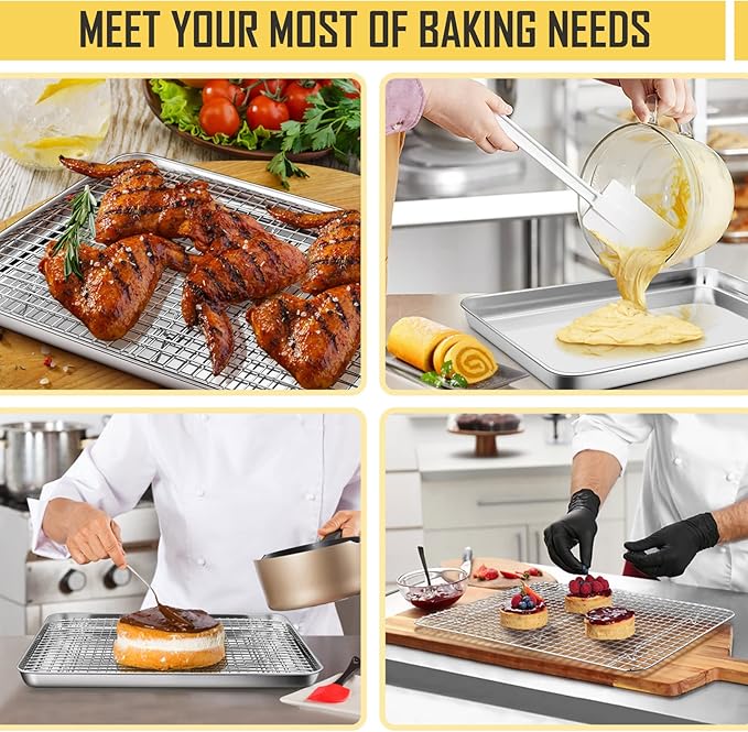 16 Inch Baking Sheet Pan with Cooling Rack Set, Joyfair Stainless Steel Toaster Oven Tray Pans with Grid Racks, Rectangular Bakeware for Cookie/Bacon, Heavy Duty & Rust-free, Dishwasher Safe