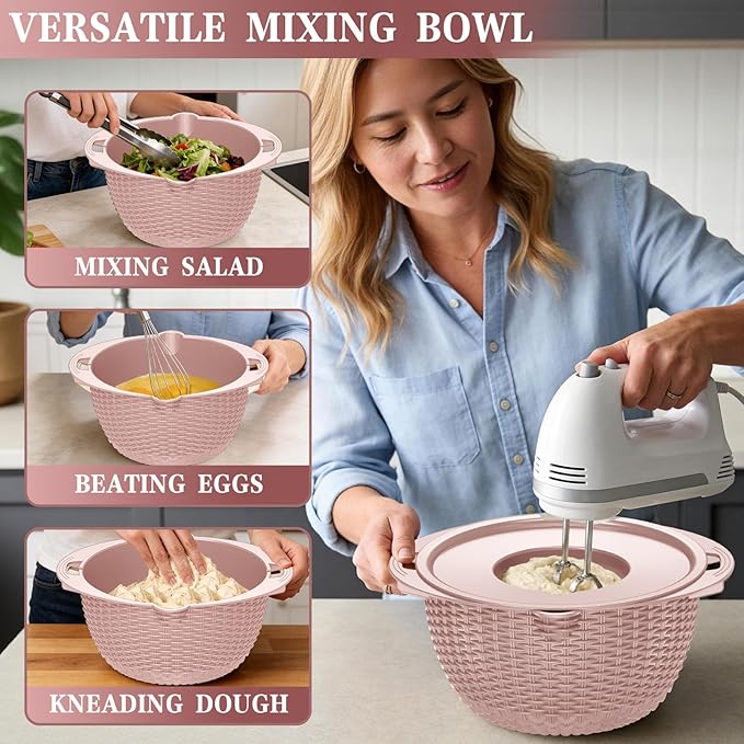 4-1 Strainer Bowl with Lid Set - Strainers and Colanders, Colander for Kitchen, Pasta Strainer, Fruit Cleaner, Veggie Wash, Funny Kitchen Present, Fruit Washing Bowl, Cooking Present for Women - Pink - Image 6