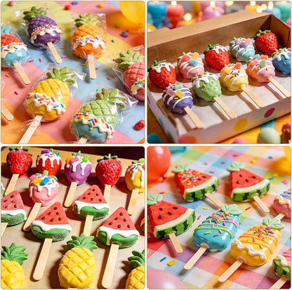 Juome Cake Pop Mold Kit, 6 Cavities Fruit Shape Cakesicle Molds Silicone with 100 Wooden Sticks&100 Packaging Bags with Ties, Cake Pop Maker Supplies Accessories, Baking Tools for Home Baking Desserts - Image 4