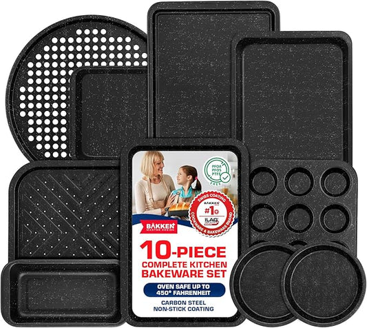 BAKKEN 10-Piece Kitchen Baking Pan Set - Commercial Grade Carbon Steel Bakeware, With Nonstick Coating, Stackable and Space-saving Design, PFOA, PFOS, PTFE Free, Oven Safe (Up To 450°F), Gray Marble by Unknown
