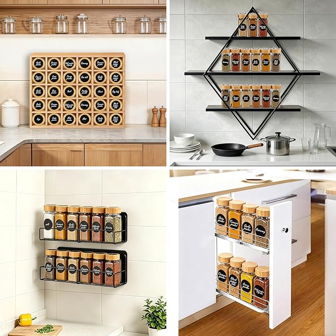 24Pcs Glass Spice Jars with Labels, 4oz Spice Containers with Bamboo Lids, Square Seasoning Containers Trial and Supplement Set for Spice Rack, Drawer, Cabinet