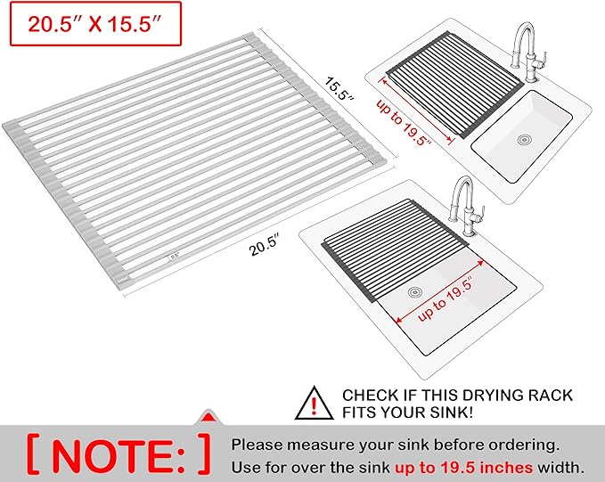 Surpahs 20.5 x 15.5 Inch Roll-Up Dish Drying Rack, Fits Across Sink Openings up to 19.5 Inches, Heavy-Duty Premium Silicone, Strong Support, Non-Slip, Heat-Resistant, Warm Gray - Image 2