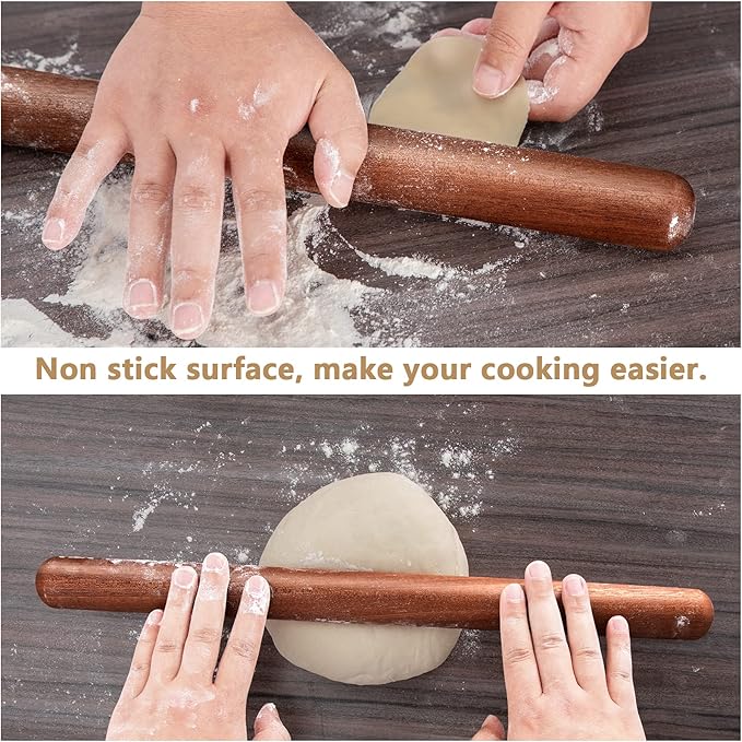 Aisoso French Rolling Pin, 17.7 Inches Wood Rolling Pin for Baking Extra Long Thickened, Classic Wooden Dough Roller for Fondant Pizza Pie Crust Cookie Pastry, Essential Kitchen Utensil, Brown - Image 6