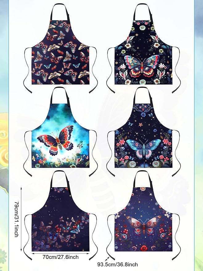 Bencailor 6 Pcs Spring Kitchen Aprons with Pockets Flower Rooster Bee Butterfly Sunflower Summer Aprons Bulk for Women(Dark Color,Butterfly) - Image 3