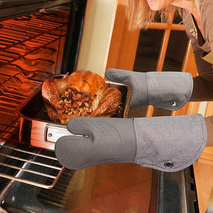 Professional Microwave Silicone Oven Mitts one Pair, Kitchen Mitten Set for Heat Resistant with 500 Degrees, Kitchen Gloves Pot Holder for BBQ Cooking Baking (Khaki)