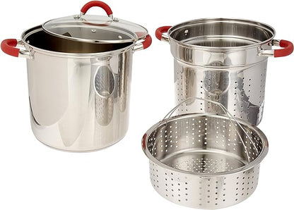 EXCELSTEEL 12 Qt Multifunction Stainless Steel Pasta Cooker with Encapsulated Base, Vented Glass Lid, and Riveted Silicone Covered Handles, 10"D x 13.75"W x 14"H - Image 2