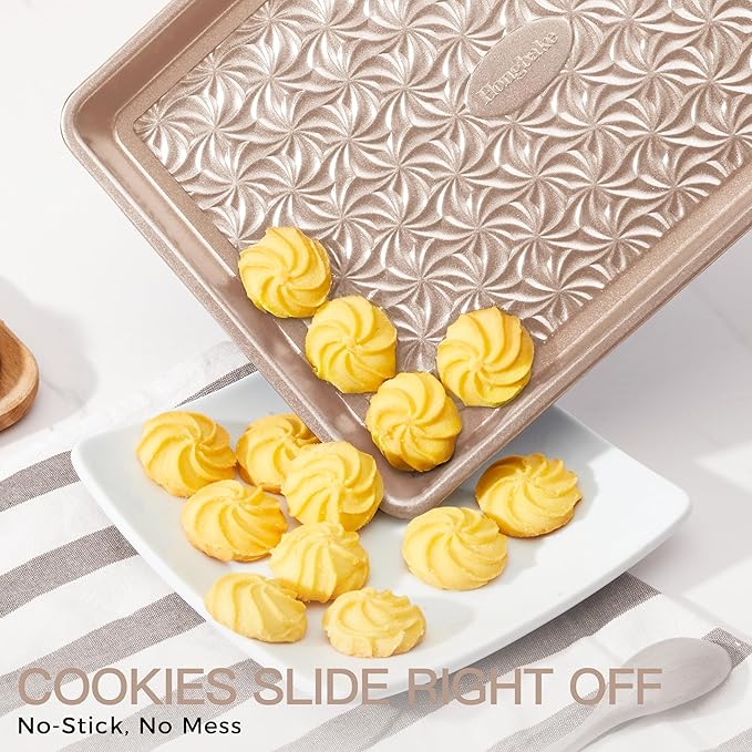 HONGBAKE Nonstick Baking Sheet Pan Set of 3, Cookie Sheets for Oven, Non-Toxic Half/Quarter/Jelly Roll Pans with Floral Swirl Texture, Heavy Duty 0.8mm Thick Oven Trays for Cooking, Champagne Gold - Image 2