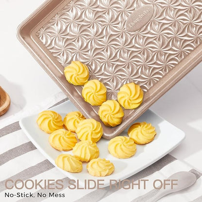 HONGBAKE Nonstick Baking Sheet Pan Set of 3, Cookie Sheets for Oven, Non-Toxic Half/Quarter/Jelly Roll Pans with Floral Swirl Texture, Heavy Duty 0.8mm Thick Oven Trays for Cooking, Champagne Gold - Image 2