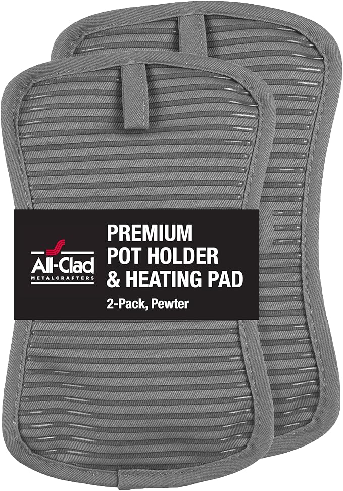 All-Clad Premium Pot Holder & Heating Pad, (2-Pack) Heat Resistant to 500 Degrees, 100% Cotton 10"x6.25" for Kitchen and Barbeque, Pewter by All-Clad