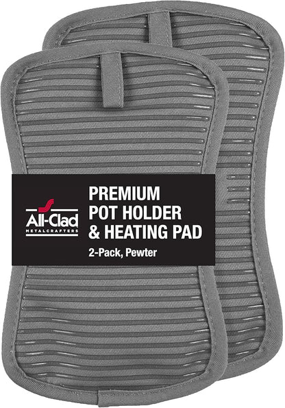 All-Clad Premium Pot Holder & Heating Pad, (2-Pack) Heat Resistant to 500 Degrees, 100% Cotton 10"x6.25" for Kitchen and Barbeque, Pewter by All-Clad