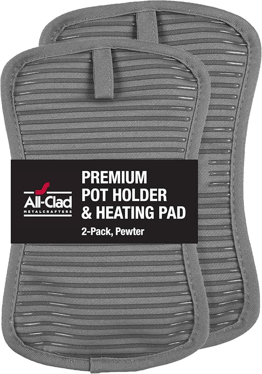 All-Clad Premium Pot Holder & Heating Pad, (2-Pack) Heat Resistant to 500 Degrees, 100% Cotton 10"x6.25" for Kitchen and Barbeque, Pewter by All-Clad