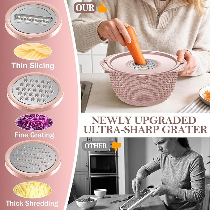 4-1 Strainer Bowl with Lid Set - Strainers and Colanders, Colander for Kitchen, Pasta Strainer, Fruit Cleaner, Veggie Wash, Funny Kitchen Present, Fruit Washing Bowl, Cooking Present for Women - Pink - Image 5