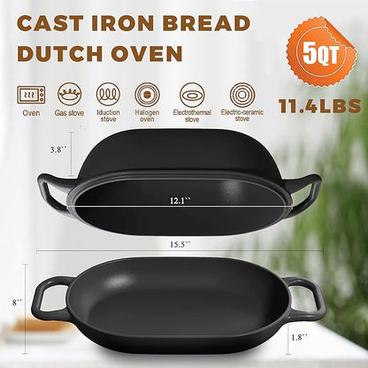 Oval Dutch Oven for Bread Baking 12 x 8 Inch, Pre-Seasoned Cast Iron Bread Oven for Sourdough, Dutch Oven Bread Loaf Pan for a Crispy Crust, 5QT