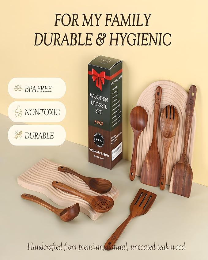 8-Piece Natural Teak Wood Utensil Set - Essential Nonstick Cooking Spoons & Spatulas, Eco-Friendly Tools - Image 5