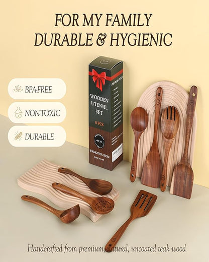 8-Piece Natural Teak Wood Utensil Set - Essential Nonstick Cooking Spoons & Spatulas, Eco-Friendly Tools - Image 5