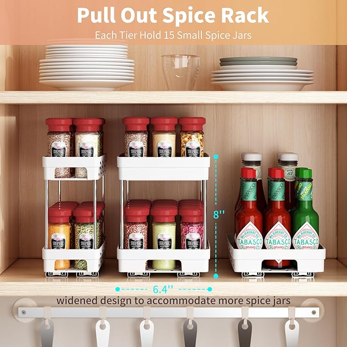 Pull Out Spice Rack Organizer for Cabinet, 2 Pack Widen Slide Out Spice Racks Organizer, Spice Cabinet Organizers, Cabinet Size Need:12'' Highx11'' Deepx6.75'' Wide,Hold 15 Spice Jar Each Tier-2Tier - Image 7