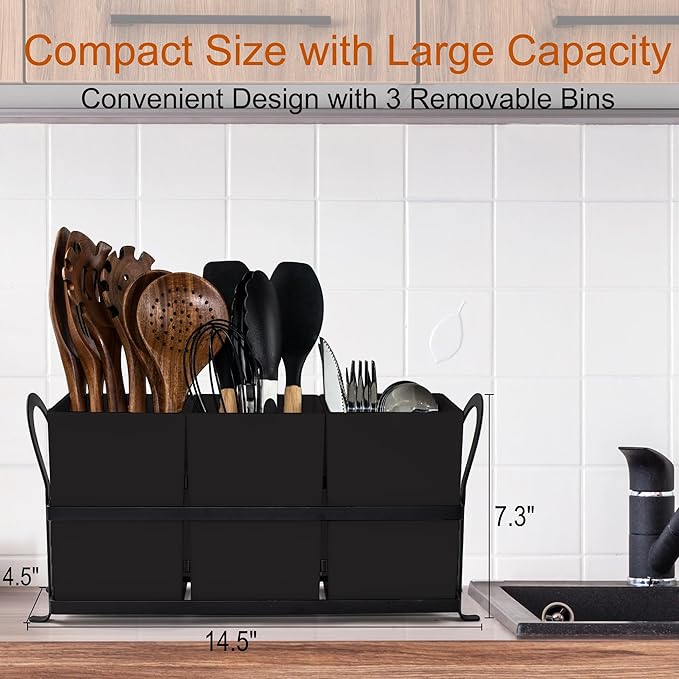 Czlizdyt Large Kitchen Utensil Holder, Drainage Utensil Caddy for Countertop, 3pcs Bins Set Cooking Utensil Organizer for Spoons, Spatulas, Black - Image 3