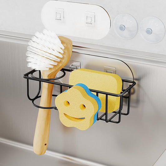 HapiRm Sink Caddy Sponge Holder - No Drill Kitchen Sink Organzier with Smiley Face Sponge Holder, Rustproof and Waterproof Kitchen Organizer - Black by HapiRm