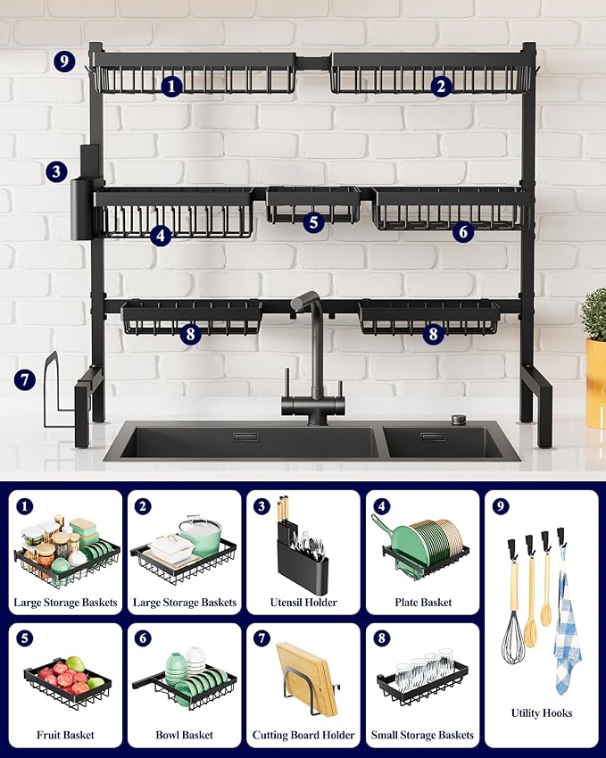 Kitsure Over The Sink Dish Drying Rack - 31.5" to 39.4" x 30.3", Adjustable Sink Drying Rack for Kitchen Sink with Multifunctional Baskets, Black - Image 3