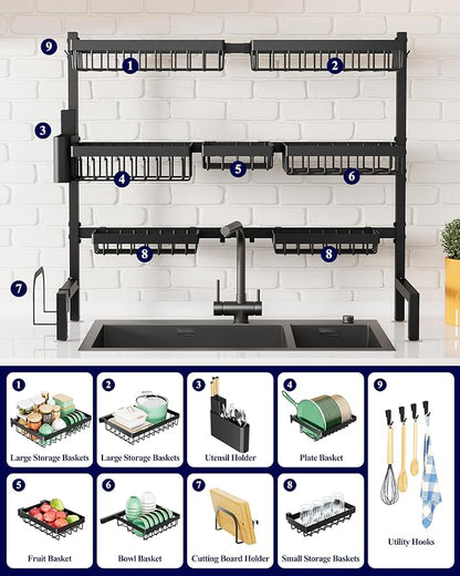 Kitsure Over The Sink Dish Drying Rack - 31.5" to 39.4" x 30.3", Adjustable Sink Drying Rack for Kitchen Sink with Multifunctional Baskets, Black - Image 3