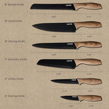 CAROTE 12PCS Knife Set, Stainless Steel Kitchen Knife Set with Nonstick Ceramic Coating, 6 Knives with Blade Guards, Rustproof, Easy-Clean, Black - Image 2