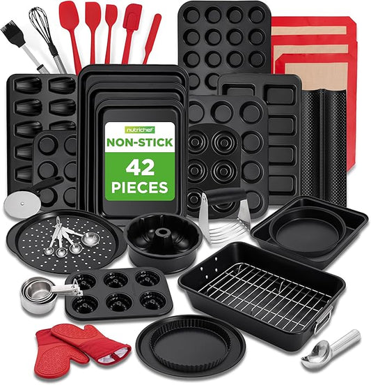 NutriChef 42-Piece Nonstick Bakeware Set | Carbon Steel Baking Pans Set with Oven Mitts, Muffin Trays, Cookie Sheets, Loaf Pan, & Accessories for Cakes, Pizza & Bread.