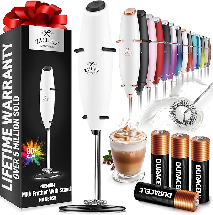 Zulay Kitchen Powerful Milk Frother Wand With 4 AA Duracell Batteries - Ultra Fast Handheld Drink Mixer - Electric Whisk Foam Maker for Coffee, Lattes, Cappuccino, Matcha & Creamer - White & Black by ZulayKitchen