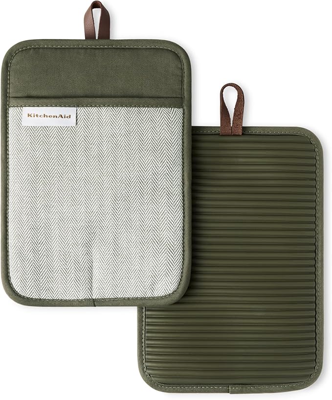 KITCHENAID® Evergreen Design Series Herringbone Ribbed Soft Silicone Pot Holders 2-Pack Set, Heat Resistant up to 500°F, Flexible & Waterproof, Deep Forest Green, 7"x10" by KitchenAid