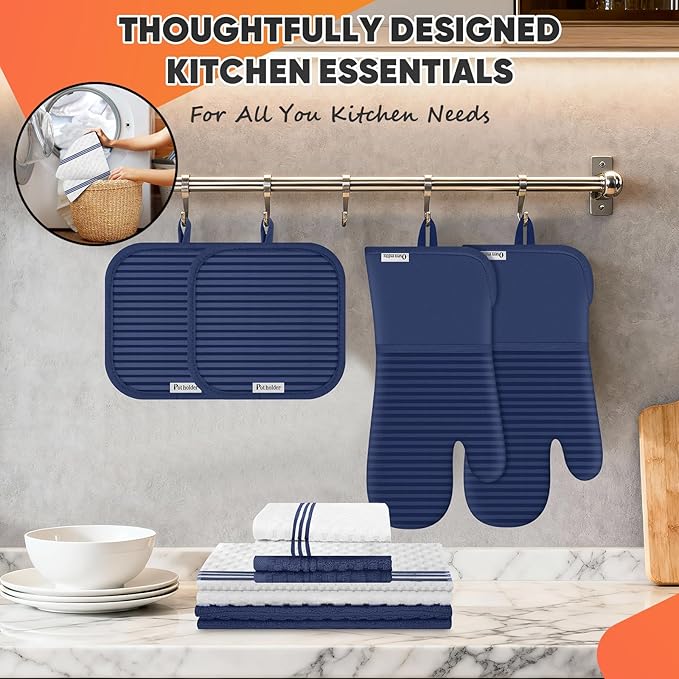 Oven Mitts Kitchen Towels and Dishcloths with Pot Holders Sets, Oven Gloves Hot Pads 500°F Heat Resistant with Silicone Grip, Include 2 Cooking Gloves/2 Potholders/4 Kitchen Towels/4 Dish Towels - Image 5