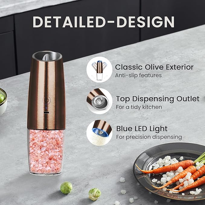 Rechargeable Salt And Pepper Grinder Set with LED Light, Automatic Electric Gravity Salt And Pepper Shakers Set, No Battery Needed, Adjustable Roughness, 2 Pack (Copper) - Image 5